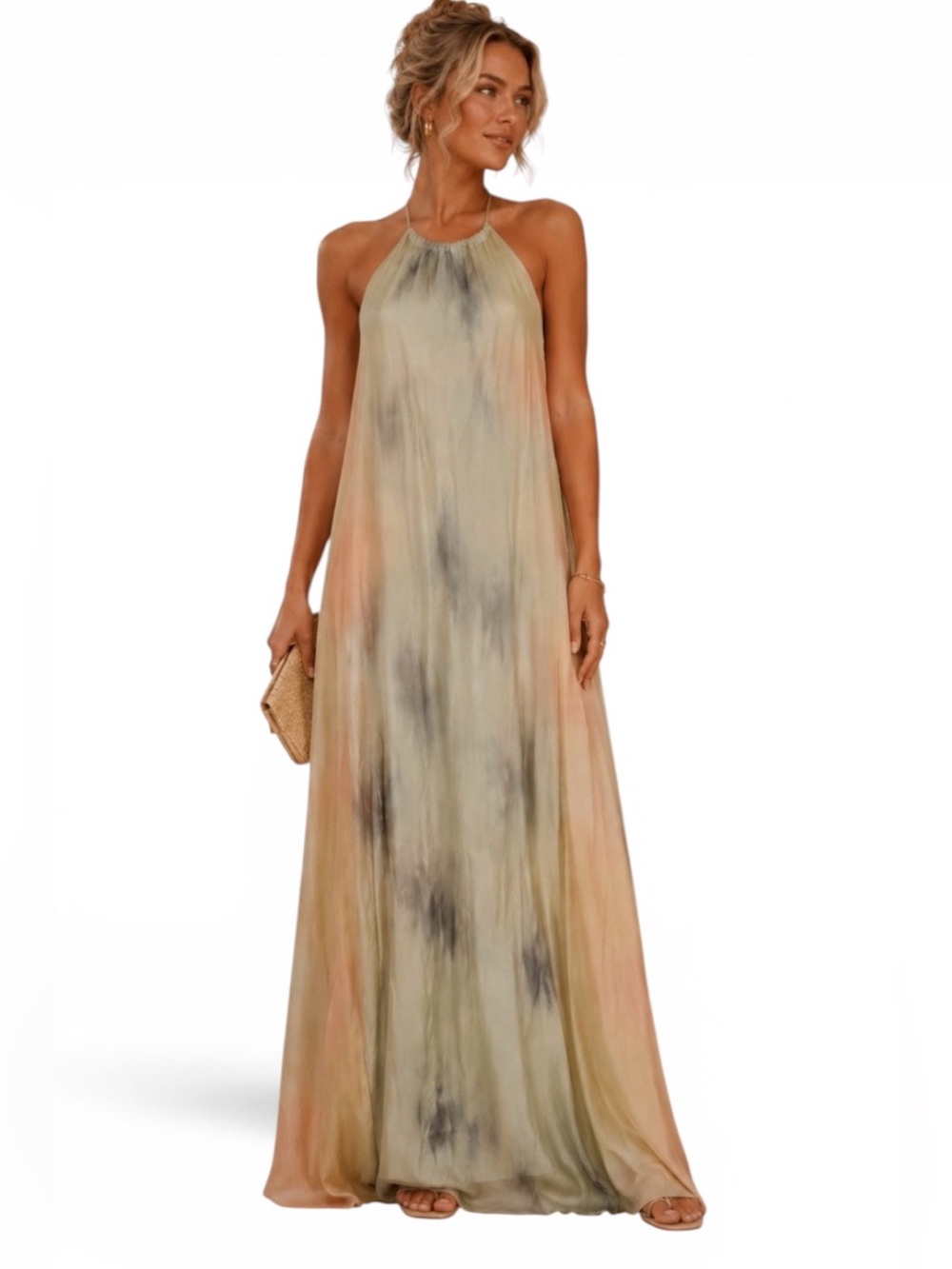 Tie-Dye Maxi Slip Dress in Pastel Green & Peach